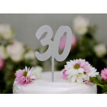 Topper 30 Urodziny Akryl Biały Okazja Dekoracja plexi na tort